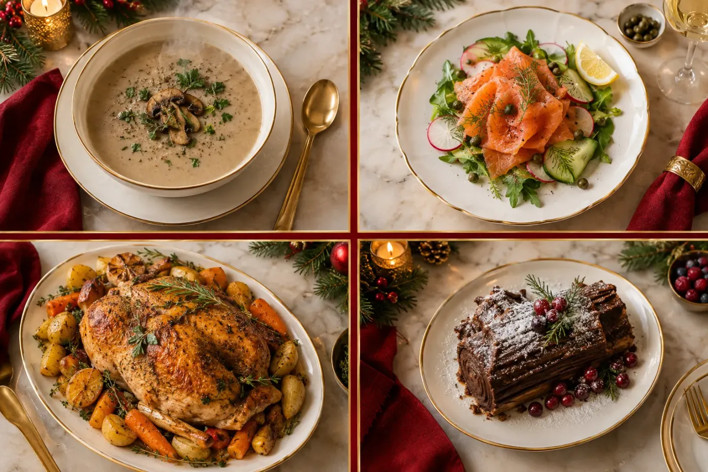 Vier gangen van een kerstdiner: soep, zalm met salade, gebraden kip en een kerststronk