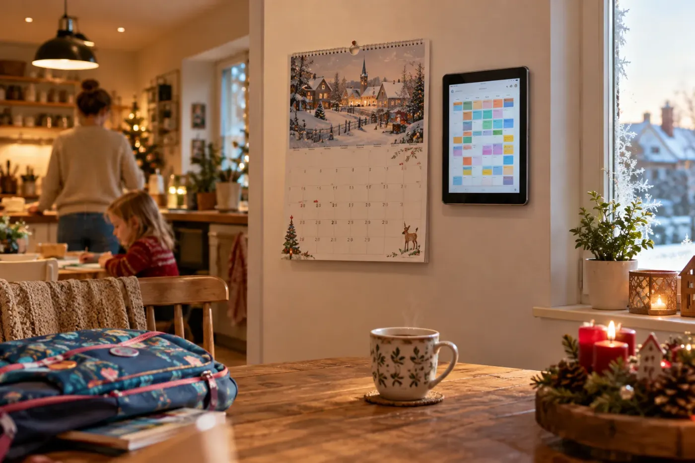 Gezinskeuken in december met een wandkalender, een tablet met een gekleurde gezinsplanning aan de muur, een dampende mok en kaarsjes op tafel