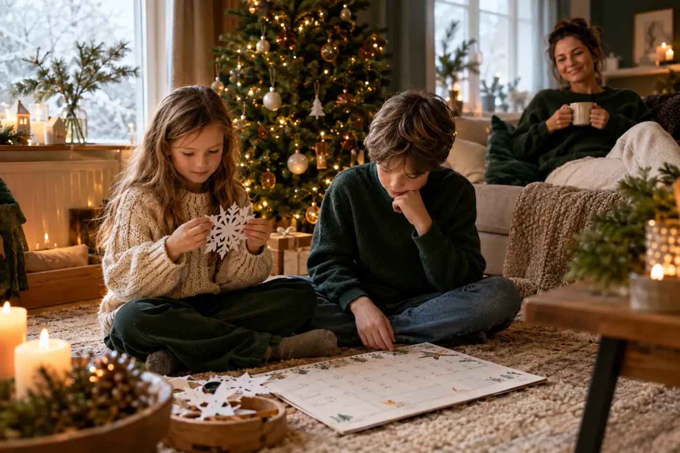 Twee kinderen knutselen aan de keukentafel op een winterdag