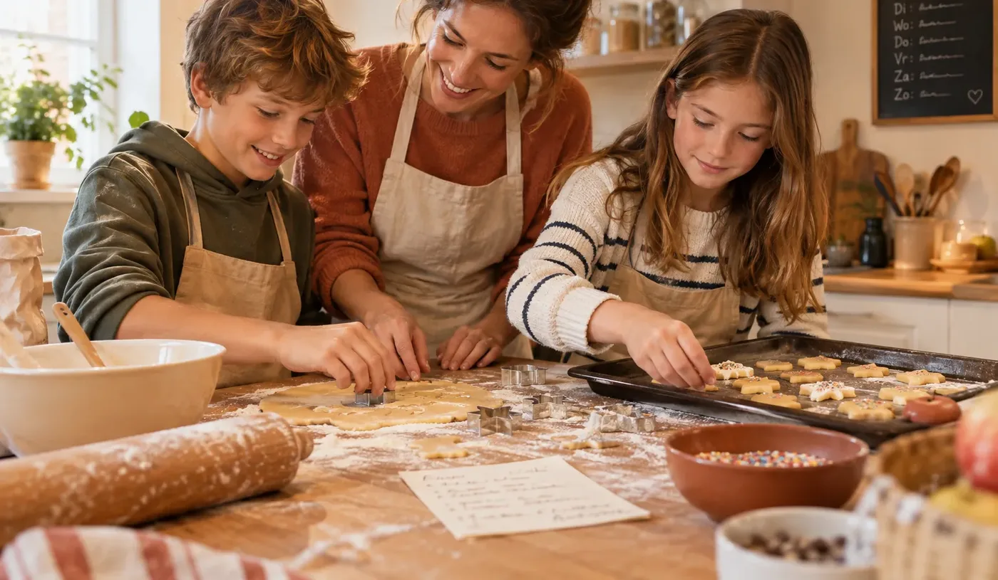 Een moeder en twee kinderen steken kerstkoekjes uit aan de keukentafel