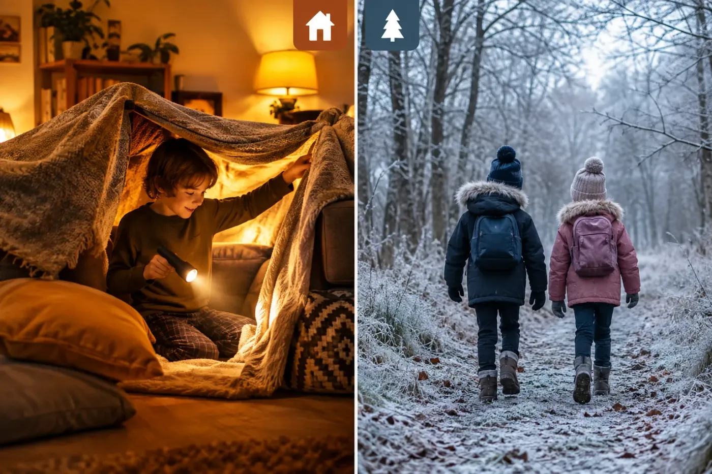Links een kind met een zaklamp in een hut van dekens, rechts twee kinderen op een winterwandeling in een berijpt bos
