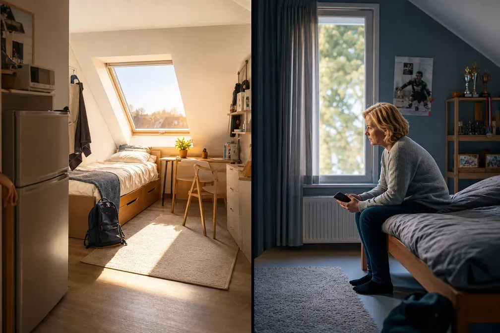 Links een studentenkamer met een bed en een bureau, rechts de leeg geworden kamer thuis