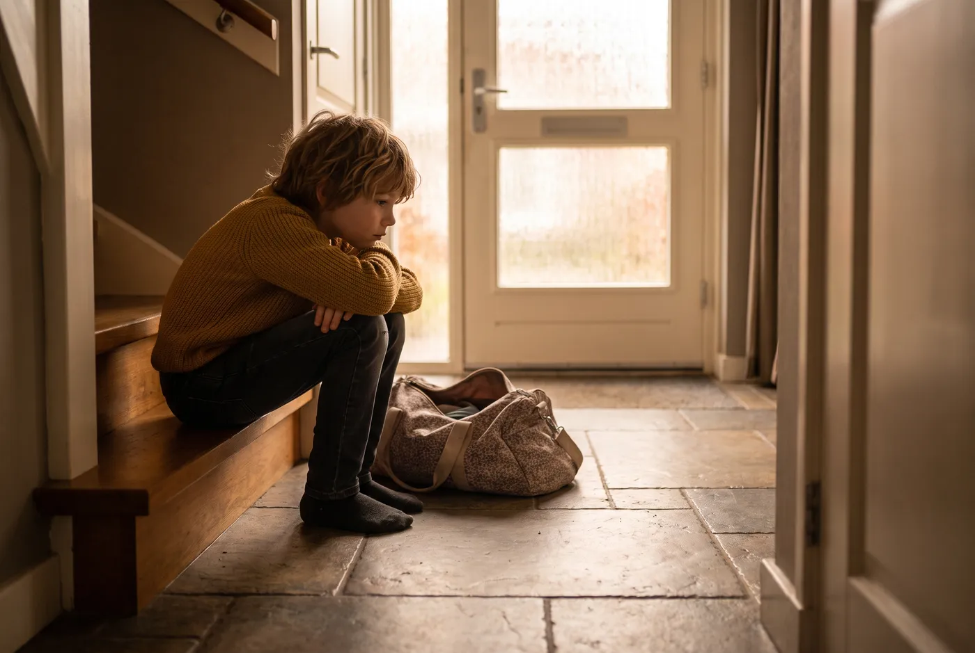Jongen in een okergele trui zit met gebogen hoofd op de onderste traptrede in de hal, met een ingepakte weekendtas naast zich bij de voordeur