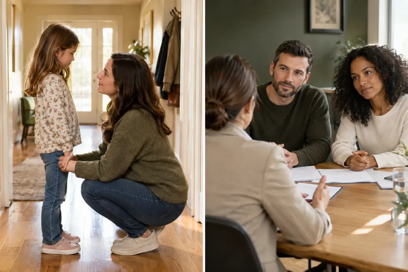 Een moeder zit op haar hurken in de hal en praat op ooghoogte met haar dochtertje, en twee ouders in gesprek met een mediator aan tafel