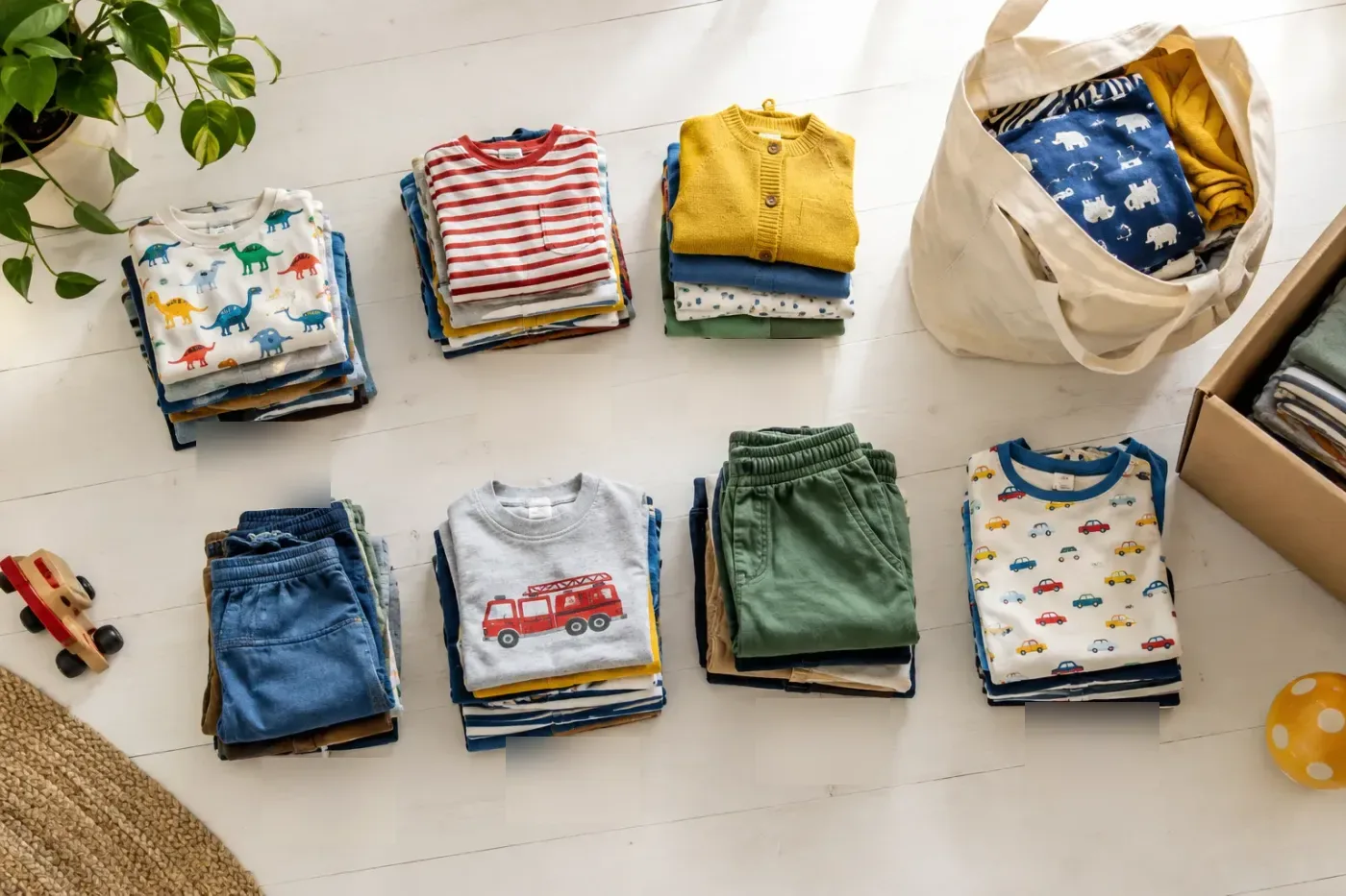 Stapels opgevouwen kinderkleding per maat op een houten vloer, met een draagtas en een kartonnen doos