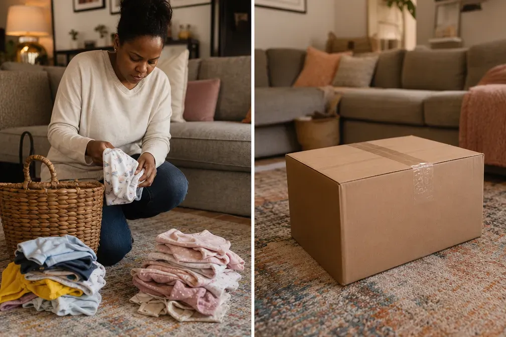 Moeder sorteert kinderkleding op het tapijt, naast een dichtgeplakte kartonnen doos