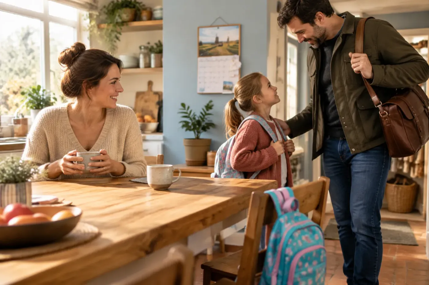 Moeder met koffie aan de keukentafel kijkt lachend toe hoe vader afscheid neemt van hun dochter met schoolrugzak