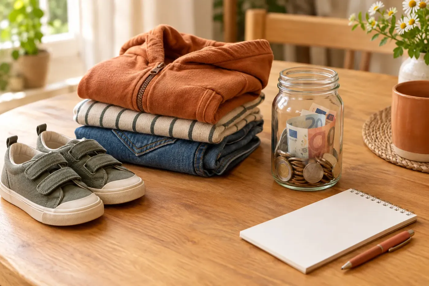 Opgevouwen hoodie, jeans en sneakers naast een glazen pot met euromunten en een leeg notitieblok op een eikenhouten keukentafel