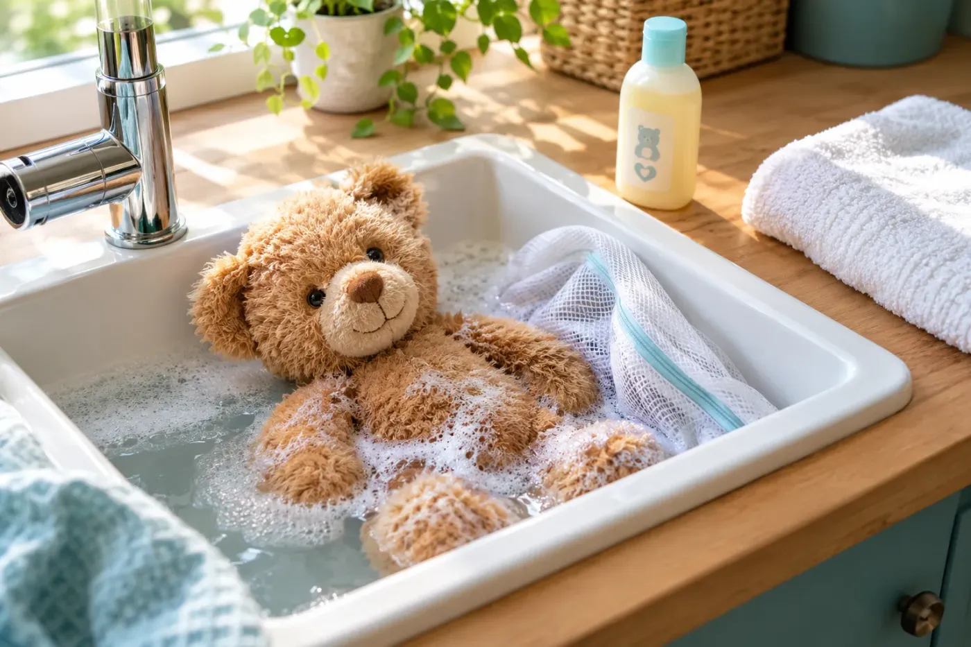 Een bruine teddybeer in een wasbak met sop, naast een waszakje, een flesje zeep en een opgevouwen handdoek