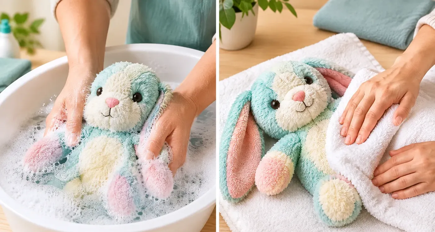 Een knuffelkonijn wordt met de hand gewassen in een teil sop en daarna drooggedept op een handdoek