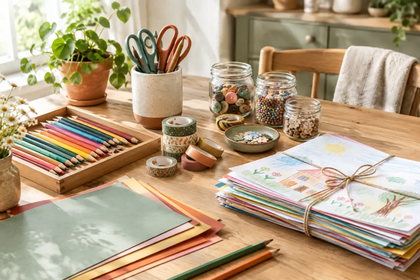 Tafel met kleurpotloden in een lage bak, papier, scharen en een stapel kindertekeningen