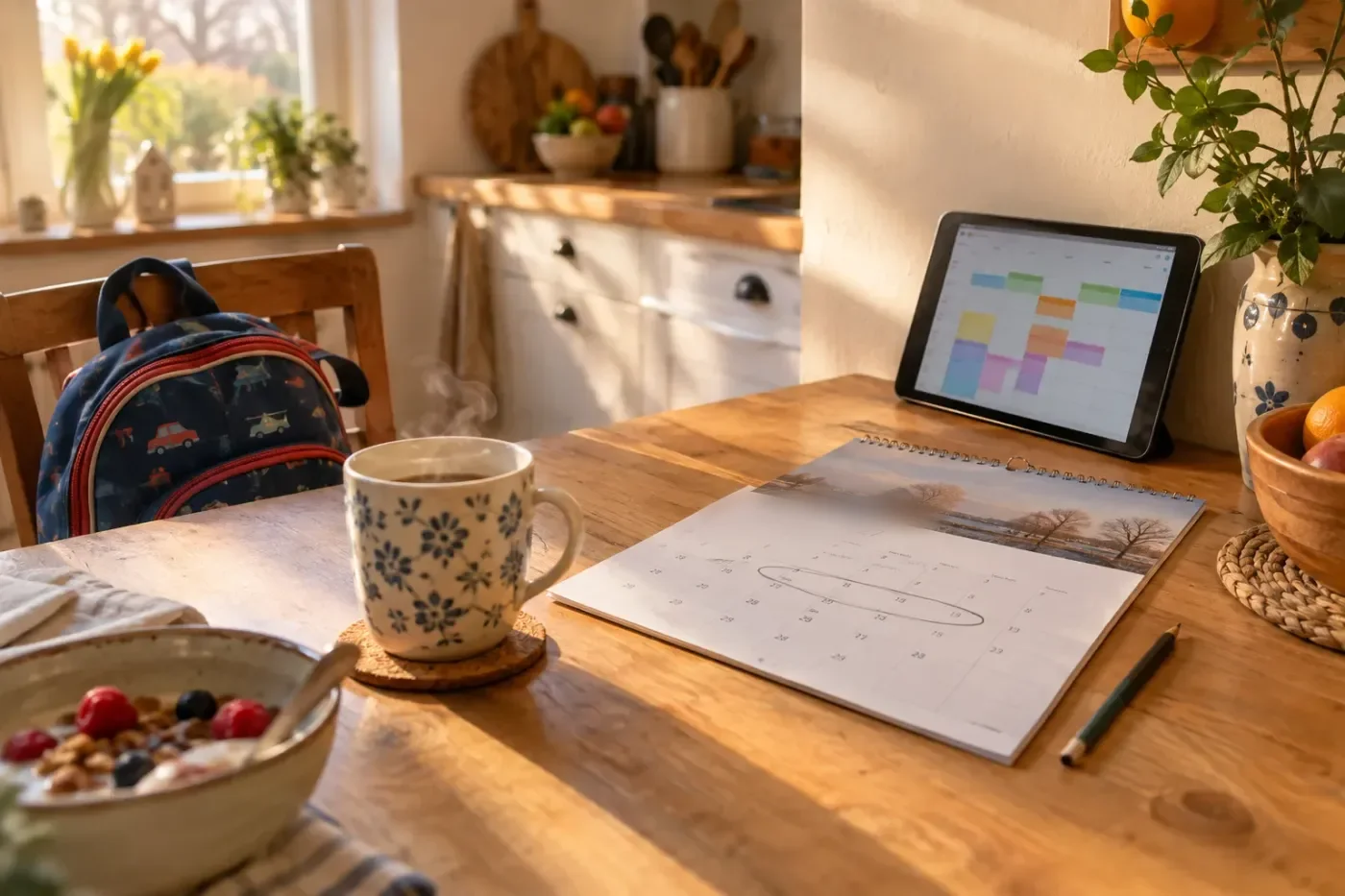 Gezinskeuken in zacht winterlicht met een houten tafel, een dampende mok, een kinderrugzak op een stoel en een wandkalender