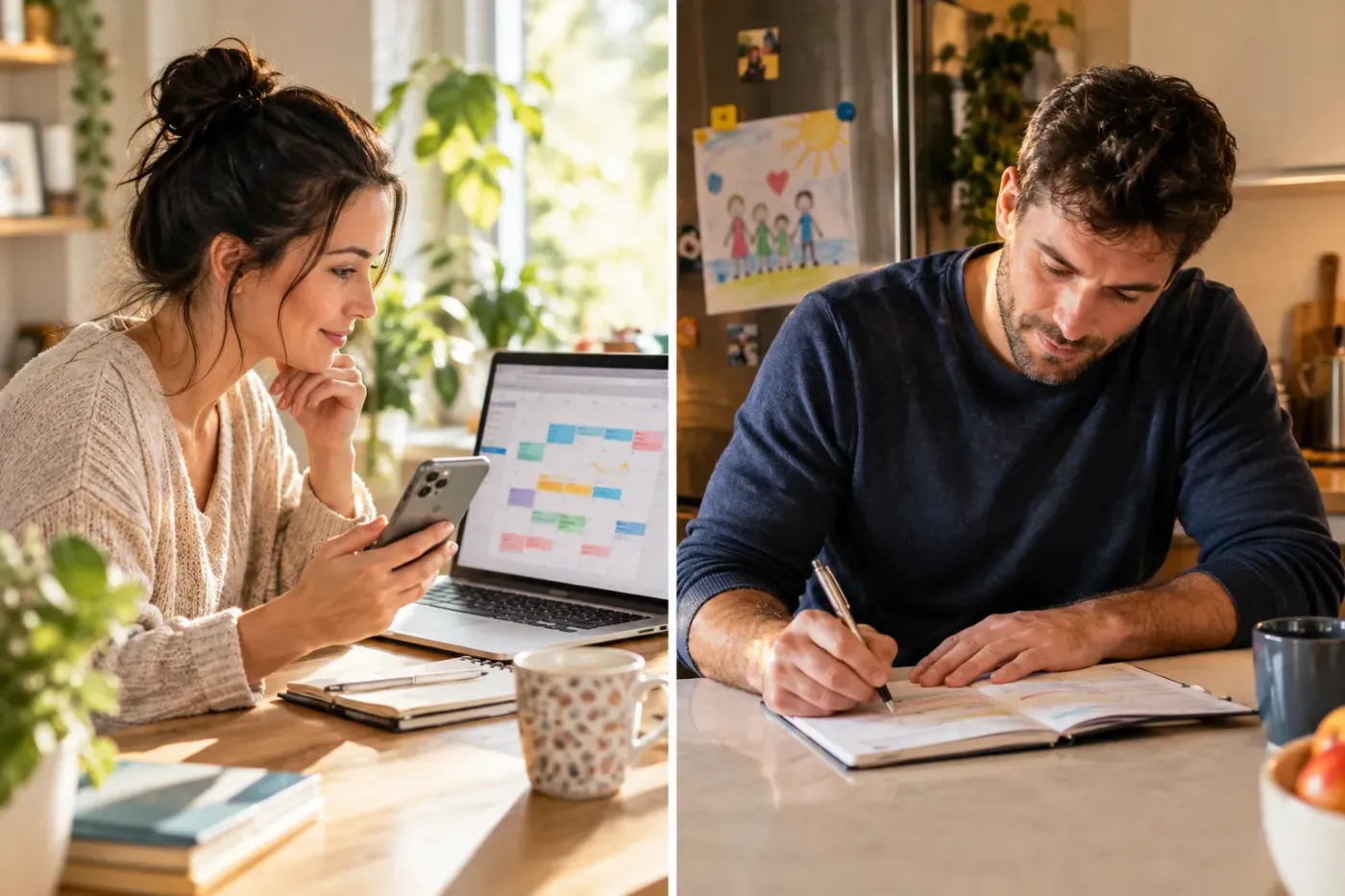 Links bekijkt een moeder een gedeelde agenda op haar laptop en telefoon, rechts noteert een vader afspraken in een papieren planner in de keuken