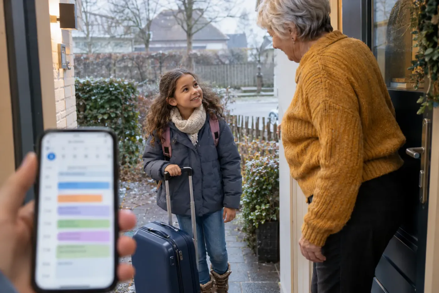 Meisje met een rolkoffer en een rugzak op de stoep terwijl haar grootmoeder de voordeur opendoet, op de voorgrond een telefoon met een weekoverzicht