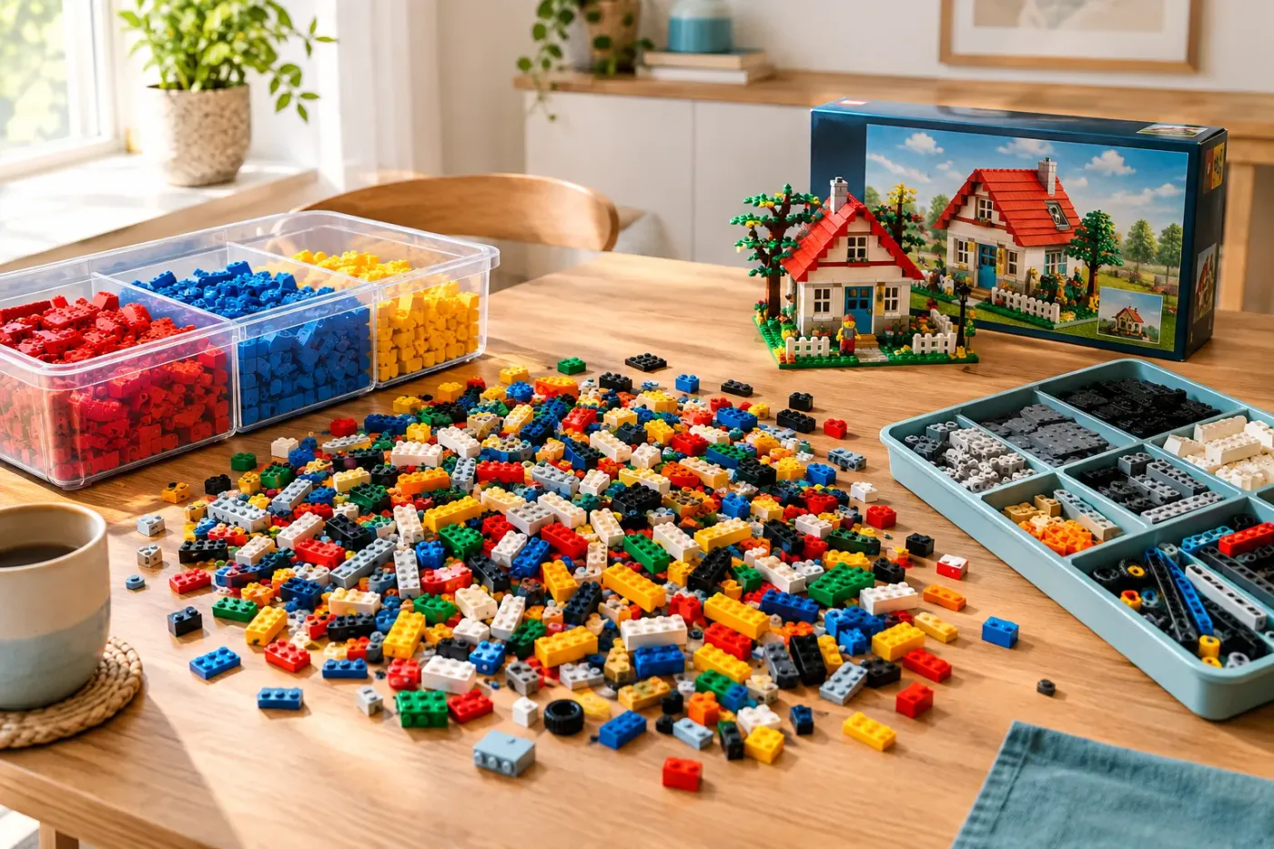 Houten tafel met losse Lego, een bak met stenen per kleur, een bak met stenen per soort en een gebouwd huisje