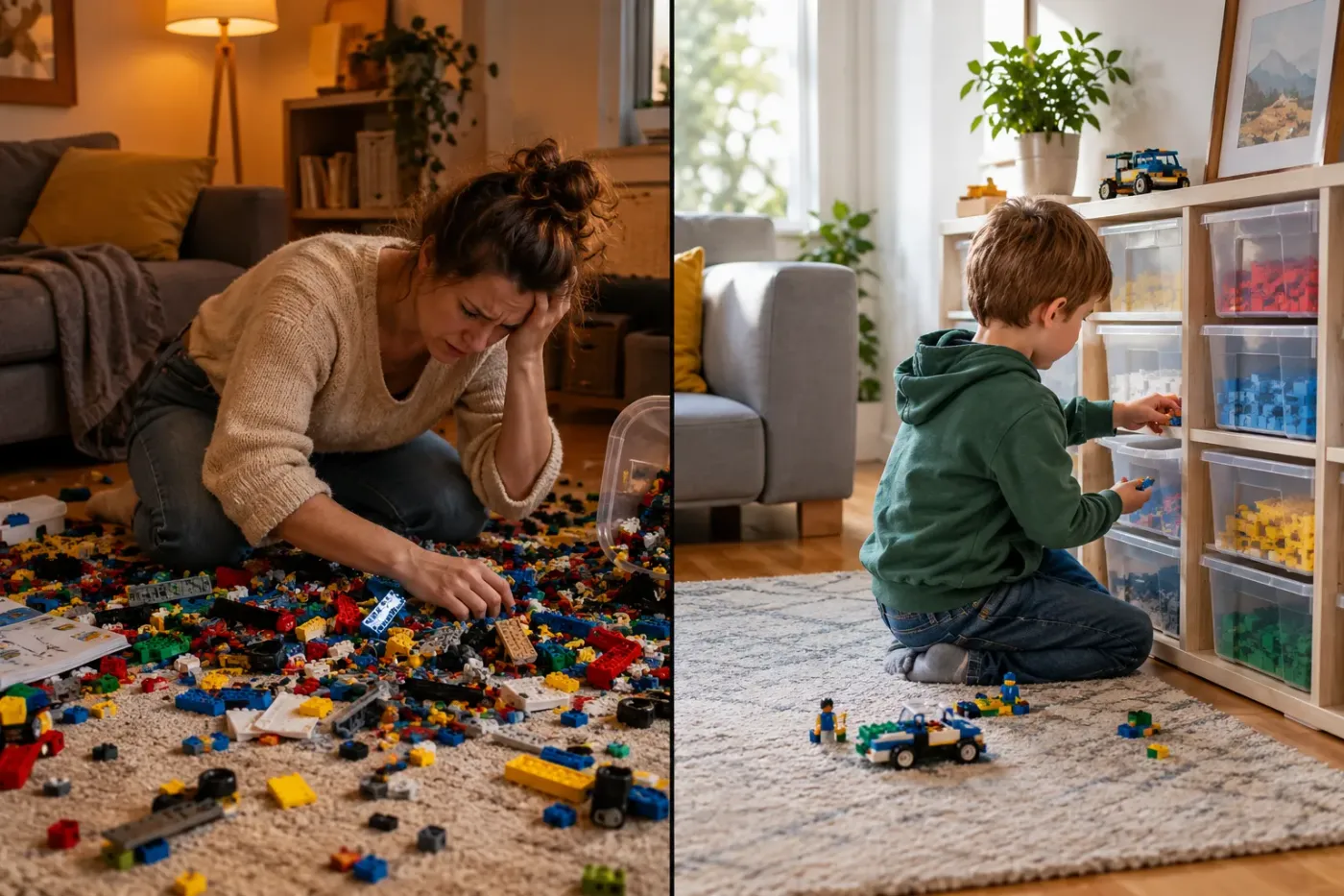 Moeder zoekt tussen losse Lego op het tapijt, en een kind dat zelf stenen pakt uit een kast met bakken