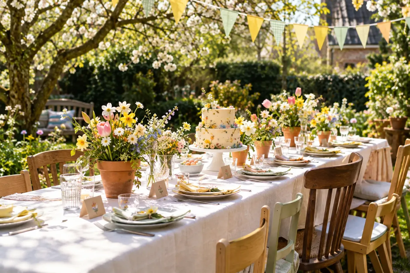 Feestelijk gedekte lange tafel in een zonnige tuin voor een lentefeest