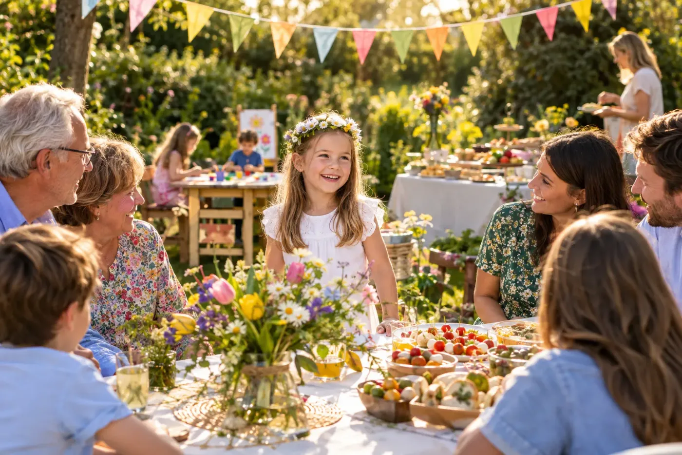 Familie aan tafel op een feest, met een kind van een jaar of zes in het midden