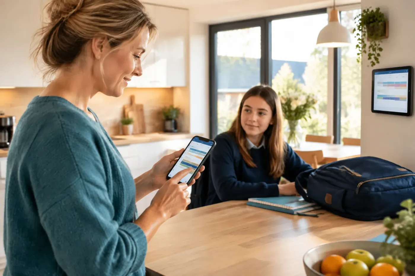 Moeder bekijkt in de keuken het schoolrooster op haar telefoon terwijl haar tienerdochter met haar schooltas aan tafel zit