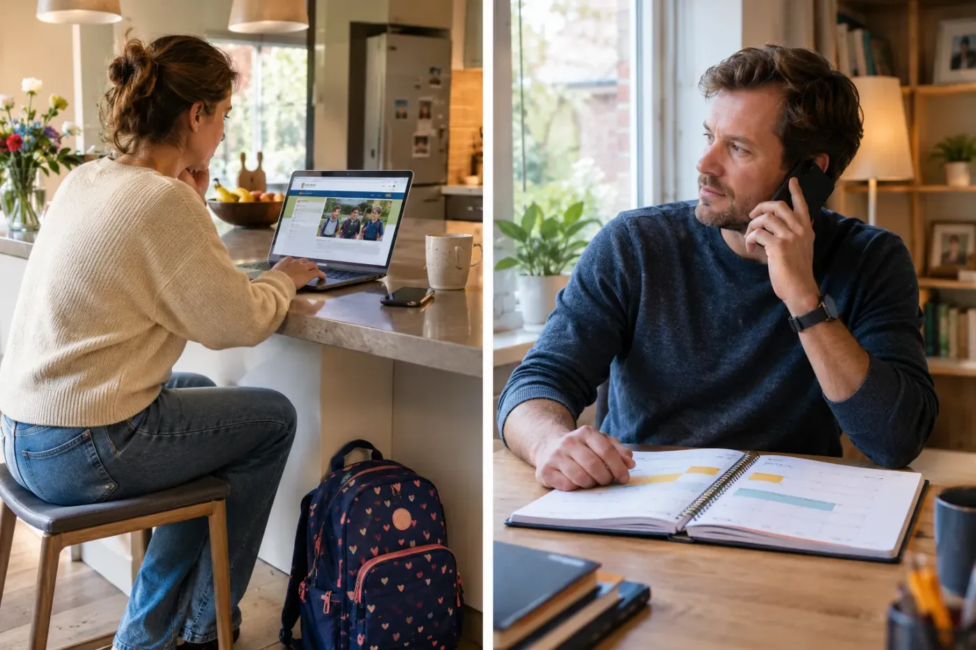 Moeder zoekt op haar laptop aan het aanrecht de vakantiedata van school op, vader belt aan tafel met een agenda open voor zich