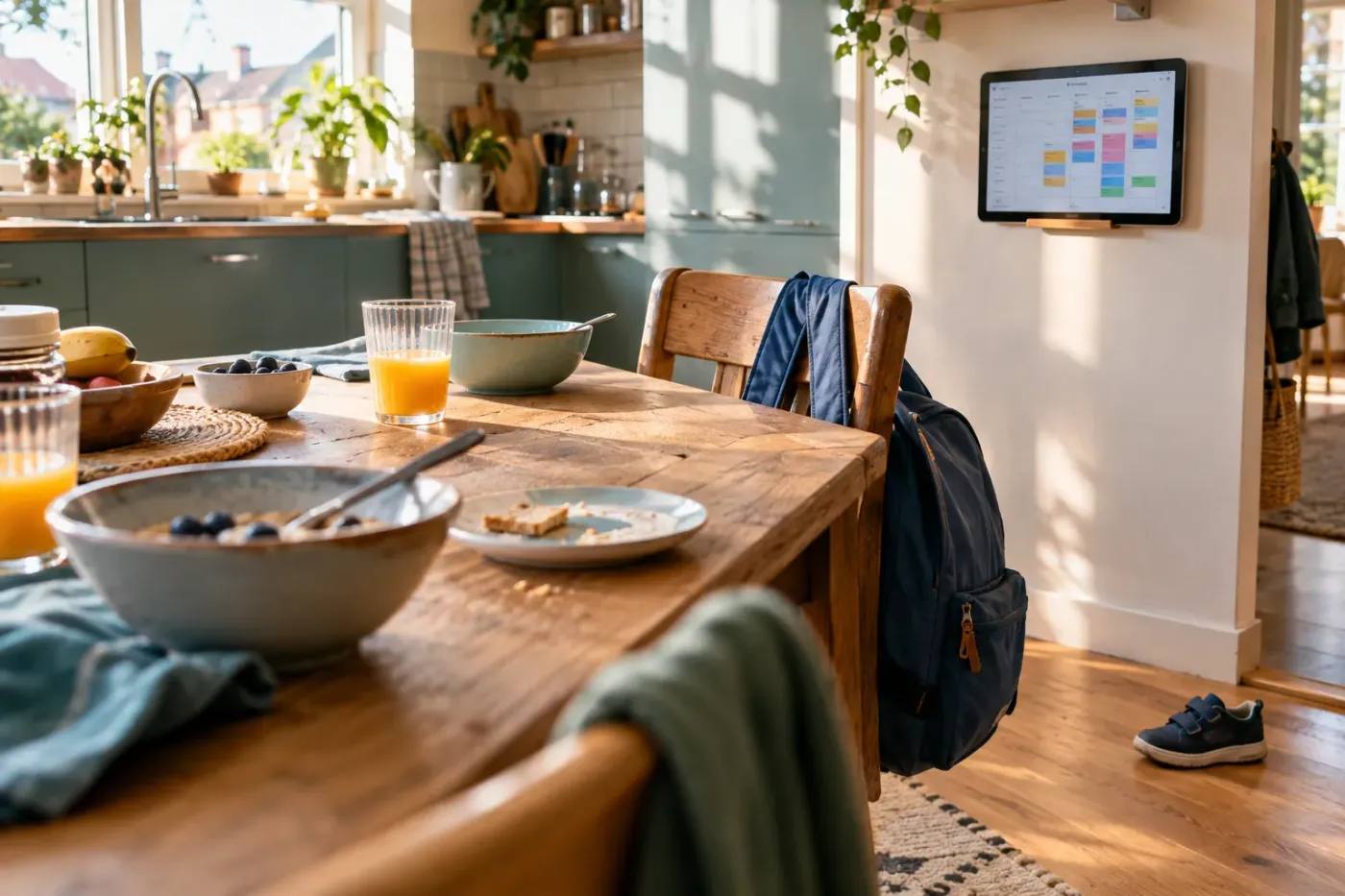 Ontbijttafel in het ochtendlicht met brooddozen, bekers en een schooltas