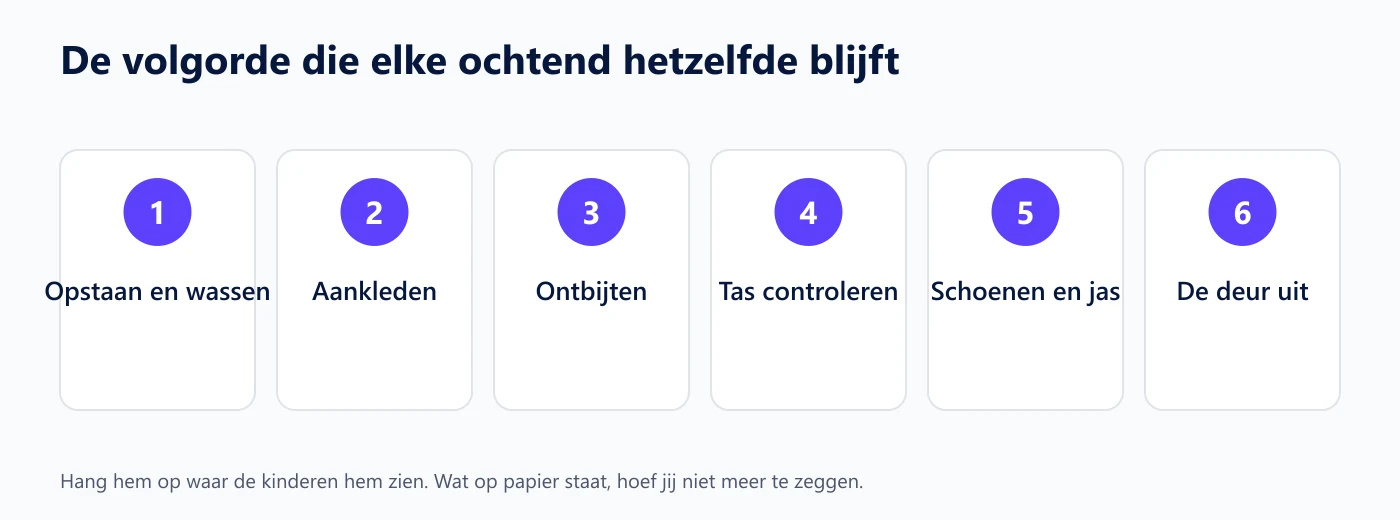 Zes stappen op een rij: opstaan en wassen, aankleden, ontbijten, tas controleren, schoenen en jas, de deur uit