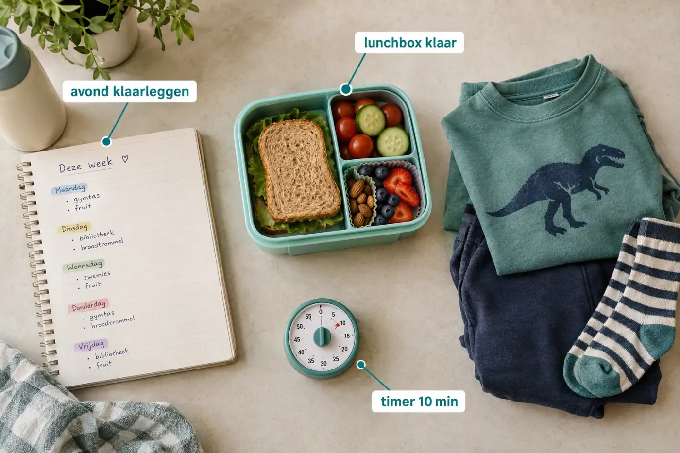 Weekschrift, gevulde brooddoos, klaargelegde kleren en een kookwekker op tafel
