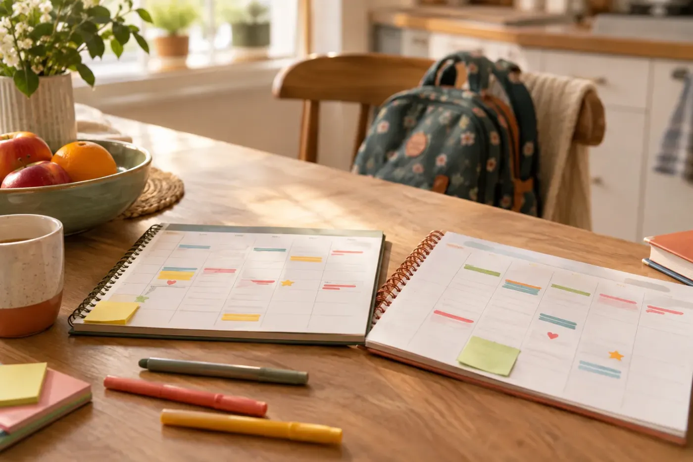 Twee open weekplanners naast elkaar op een houten keukentafel met stiften en memoblaadjes, met een schooltas op een stoel