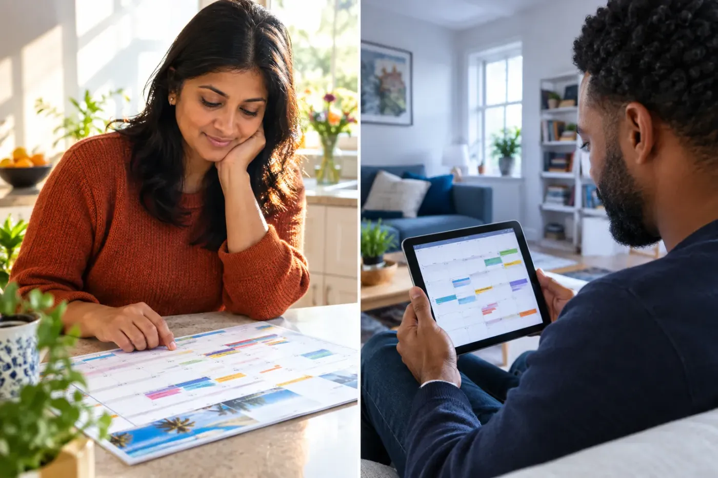 Moeder bekijkt een papieren jaarkalender aan het aanrecht, vader bekijkt een gezinsagenda op een tablet in een ander huis