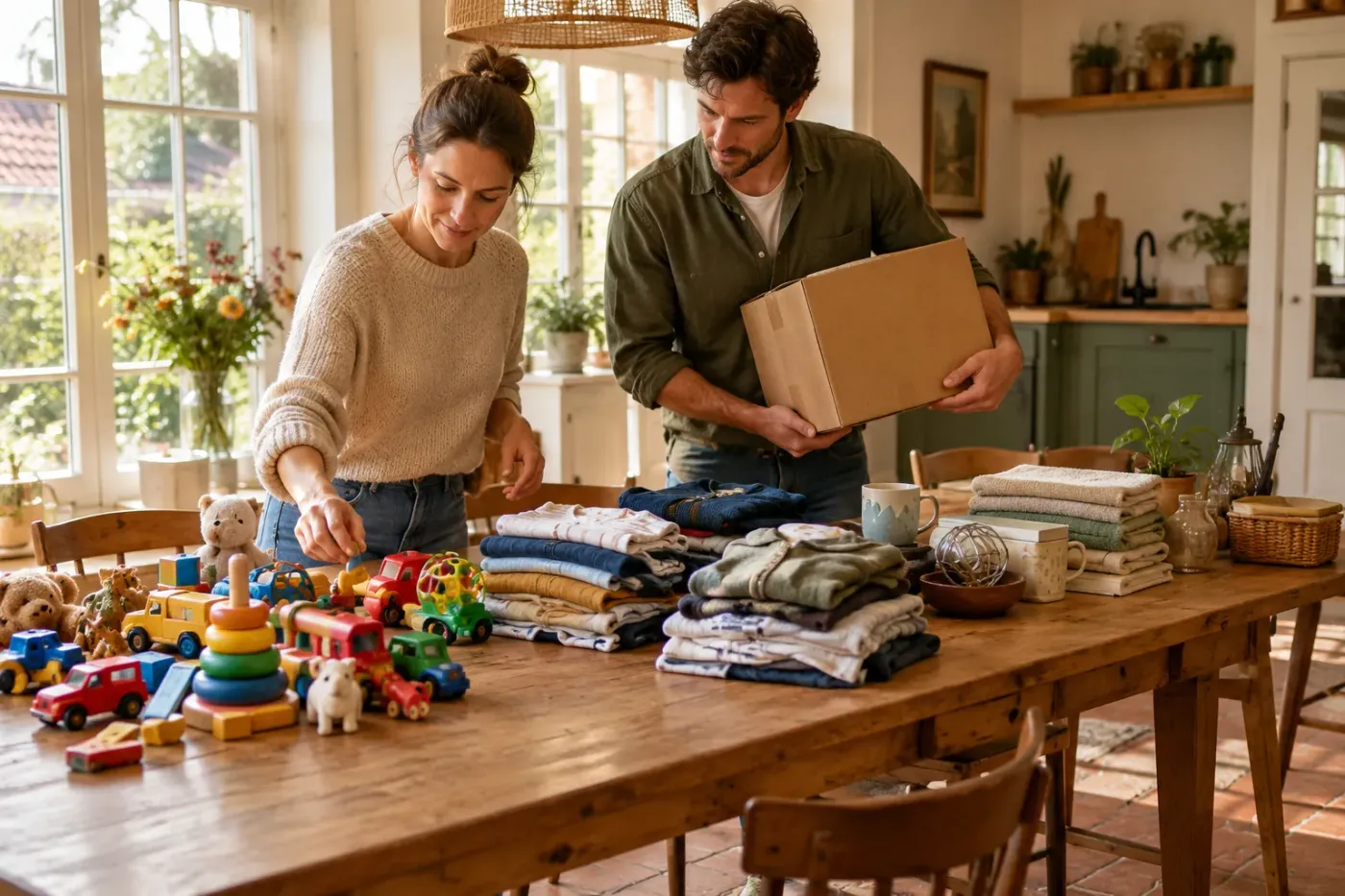 Ouders sorteren speelgoed en opgevouwen kinderkleding op een grote keukentafel, met een kartonnen doos