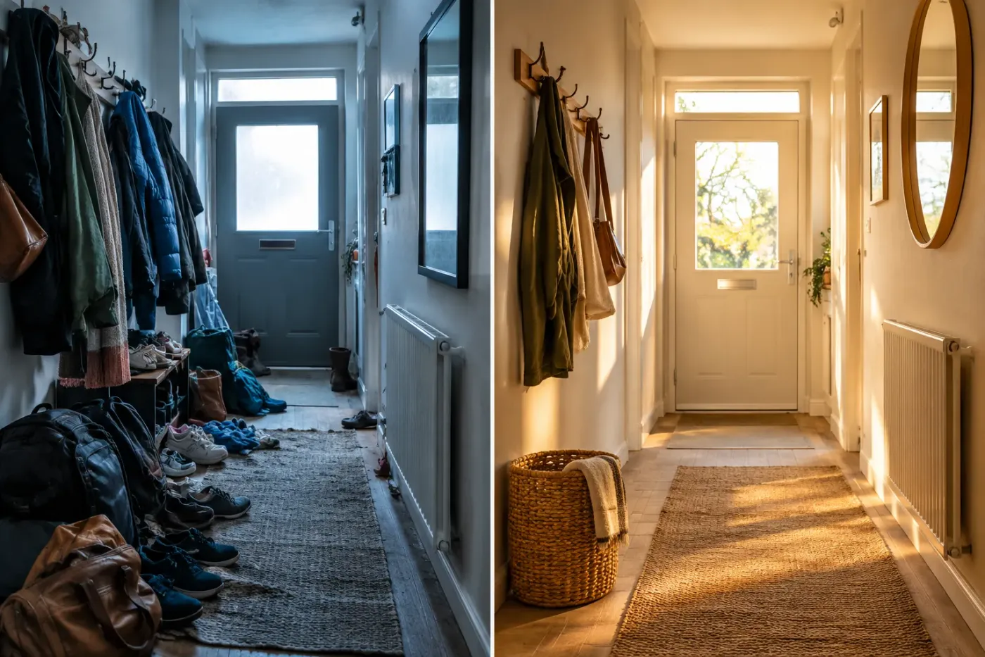 Links een volle hal met jassen, tassen en schoenen, rechts dezelfde hal opgeruimd met een paar jassen aan de kapstok