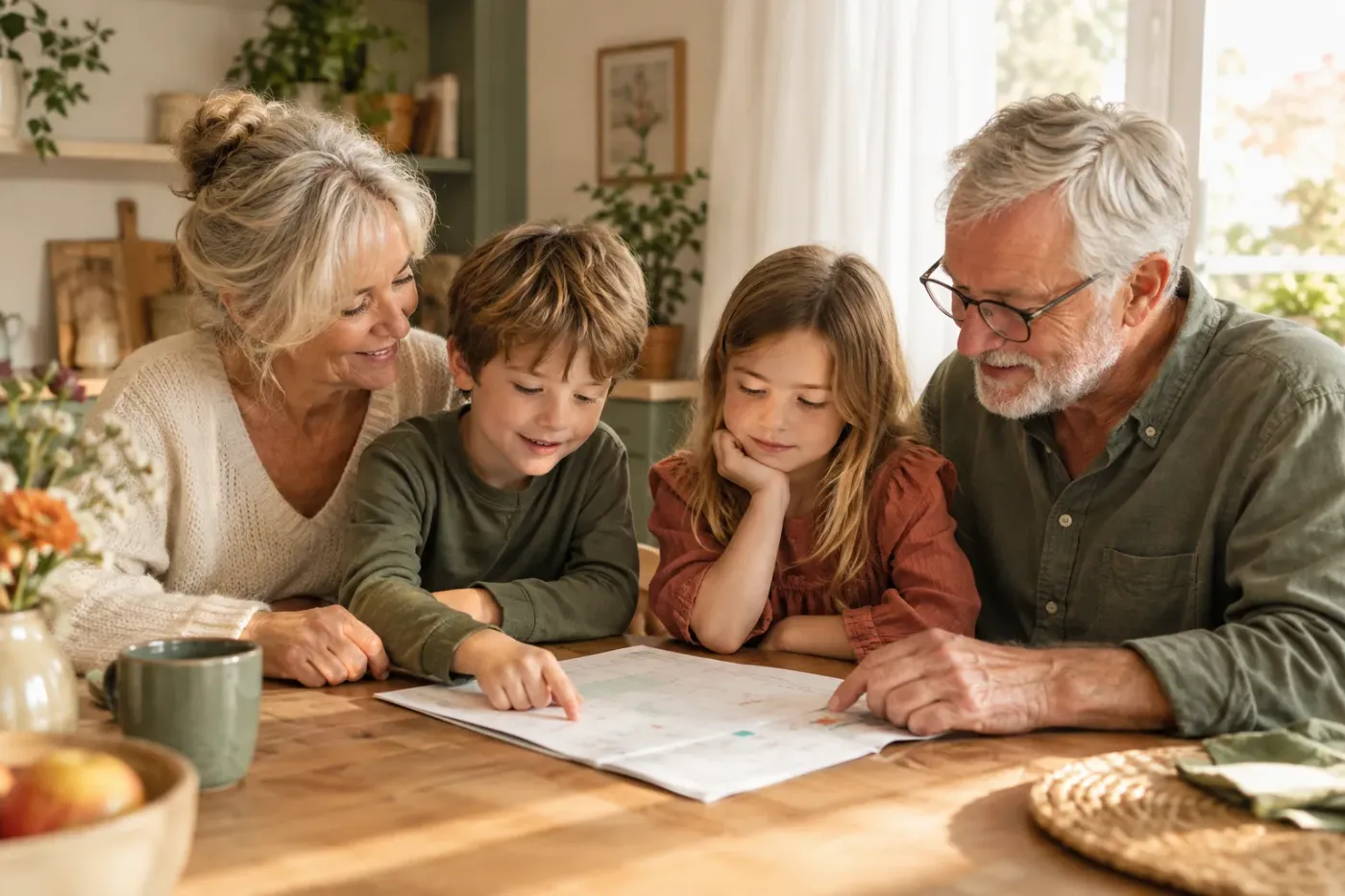 Opa en oma aan de keukentafel met twee jonge kleinkinderen