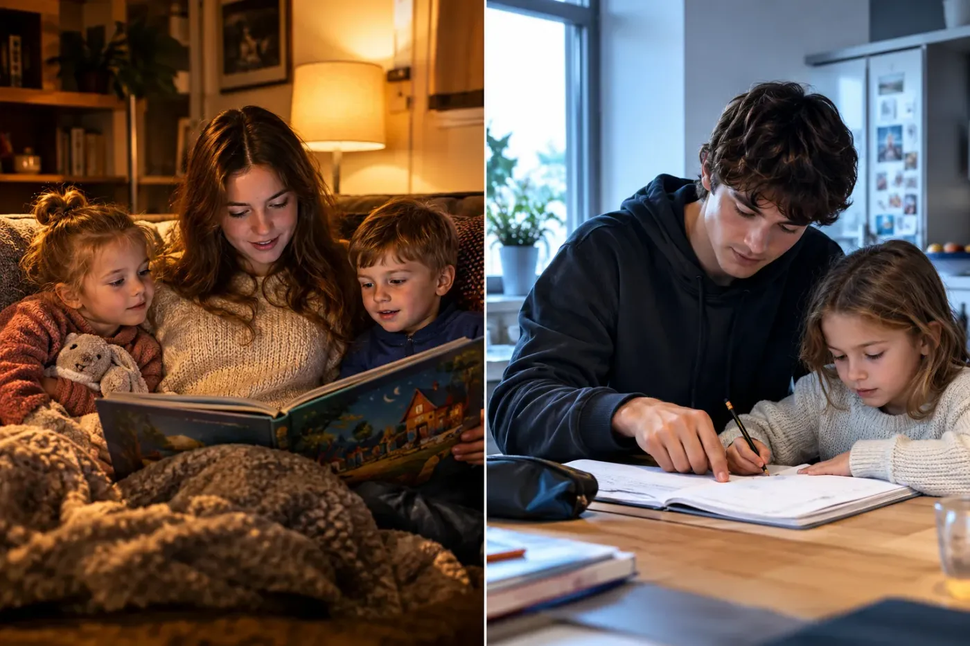 Links leest een oppas twee jonge kinderen voor op de bank, rechts helpt een jonge oppas een meisje met huiswerk aan de keukentafel