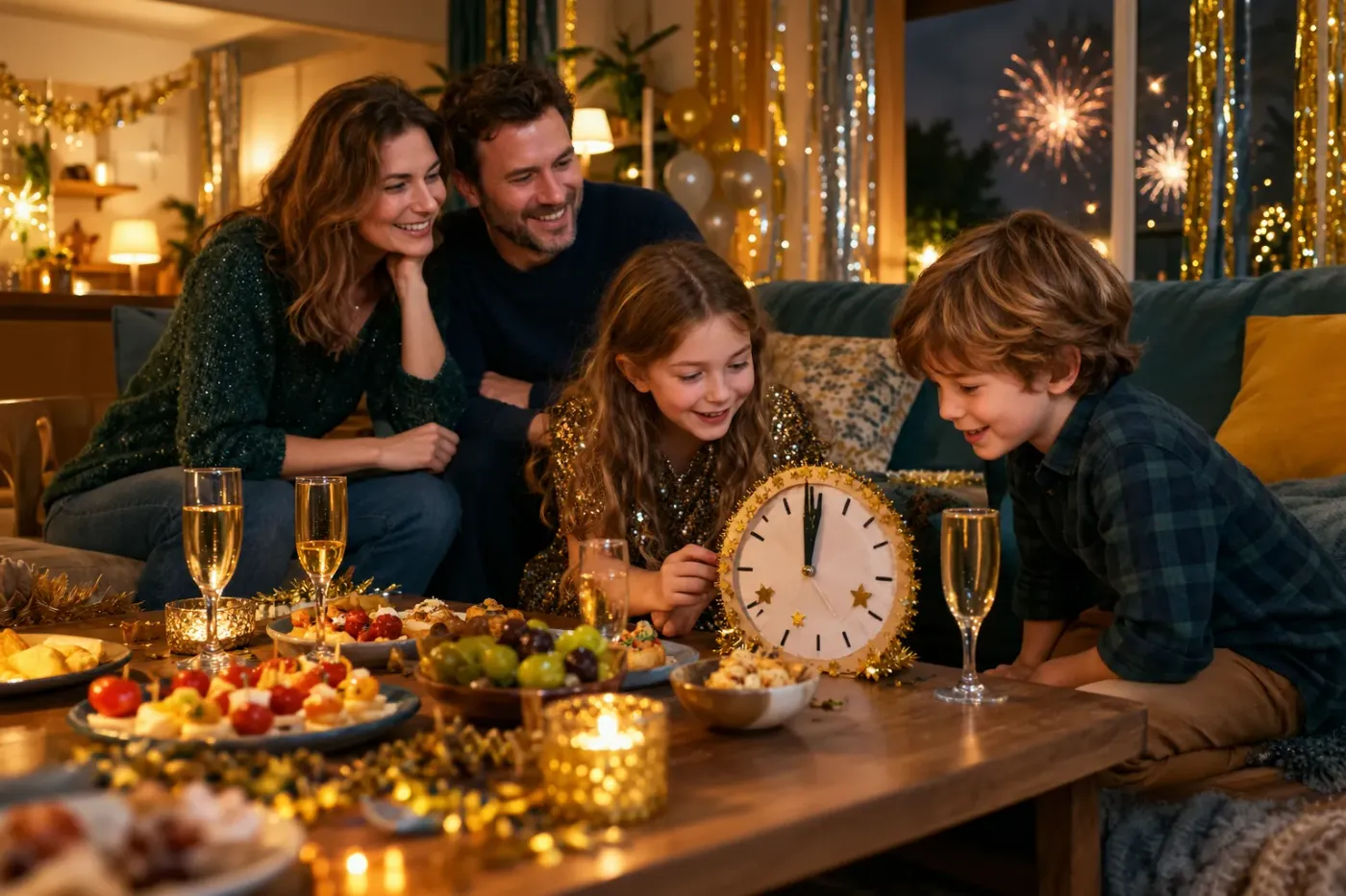 Gezin rond een salontafel vol hapjes op oudejaarsavond, met een versierde klok en vuurwerk achter het raam