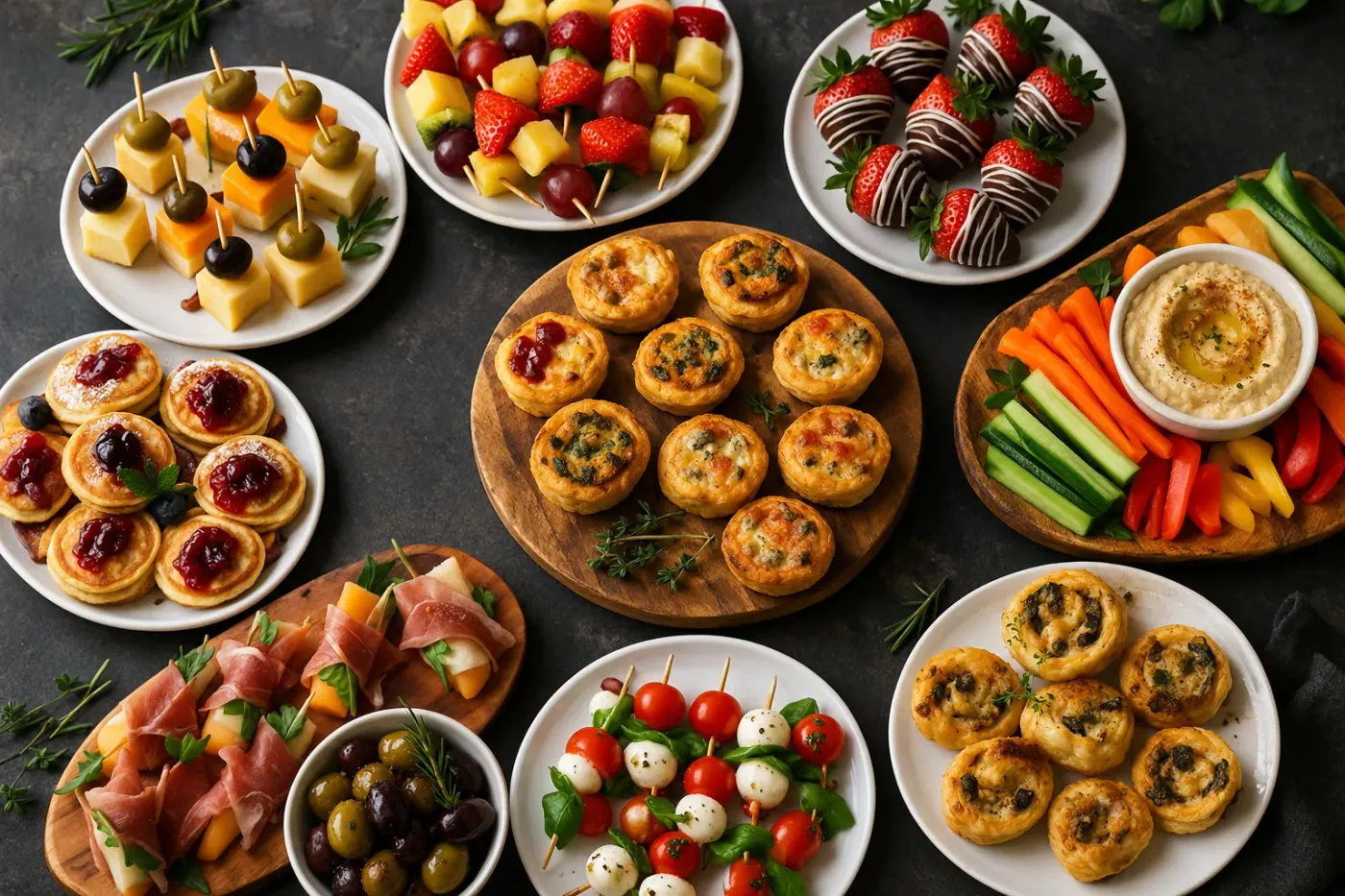 Tafel vol kleine hapjes: fruitspiesjes, kaasblokjes, mini-quiches, groentesticks met hummus en pannenkoekjes met jam
