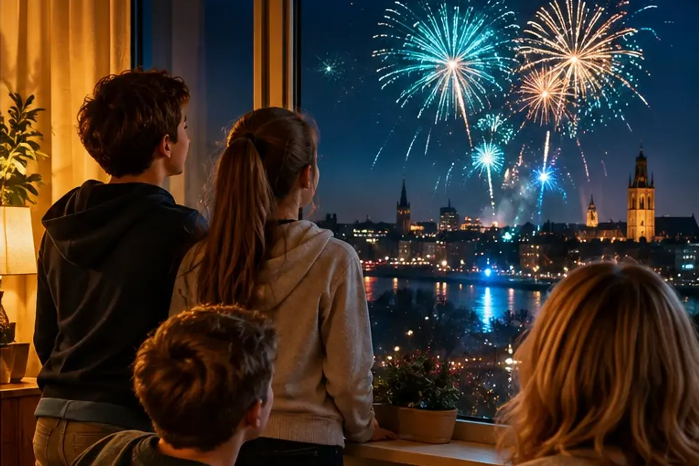Kinderen en een ouder kijken vanuit de woonkamer door een groot raam naar vuurwerk boven de stad