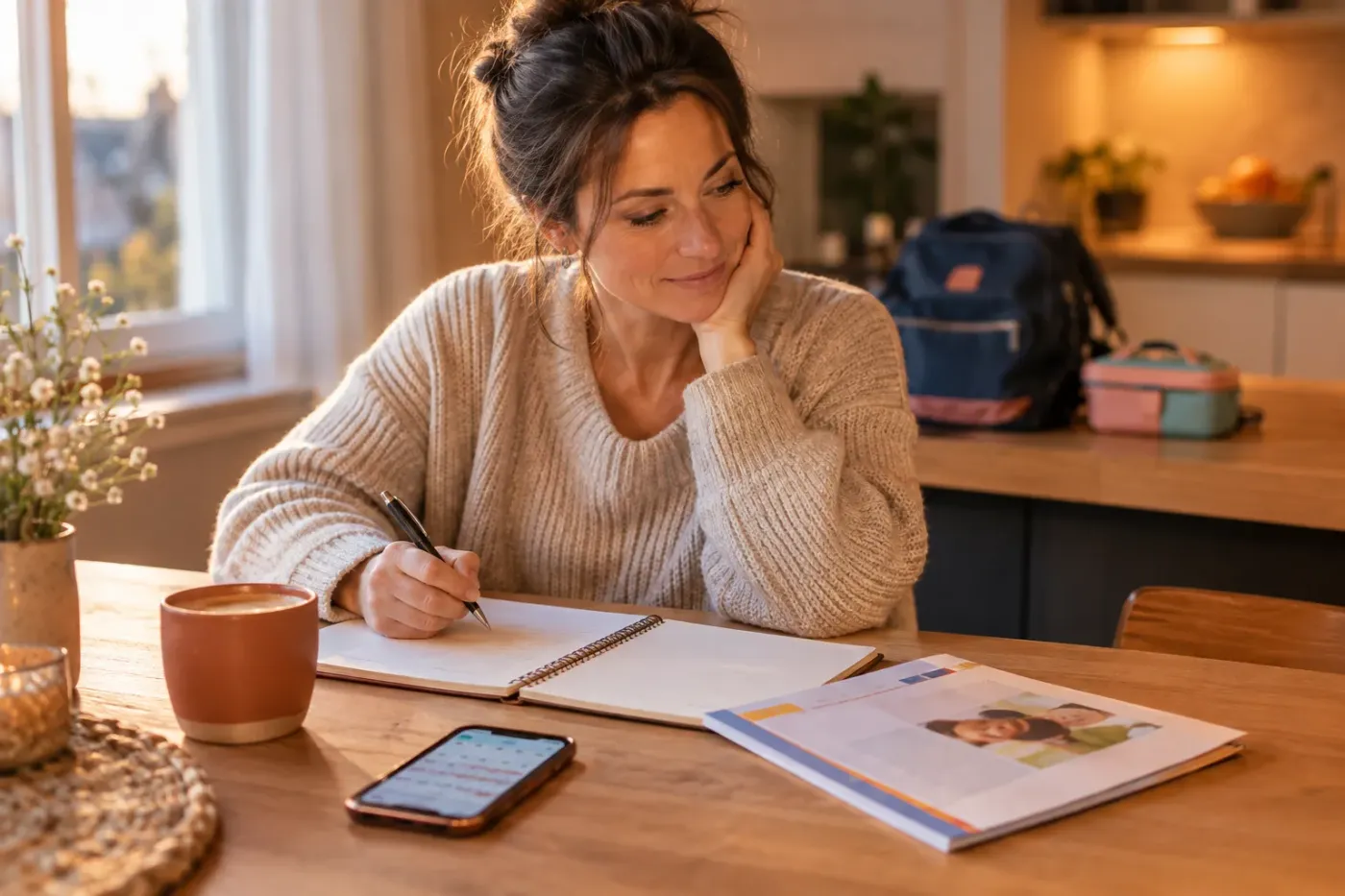 Moeder zit aan de keukentafel en schrijft vragen op in een schrift, naast een schoolrapport, een telefoon en een kop koffie