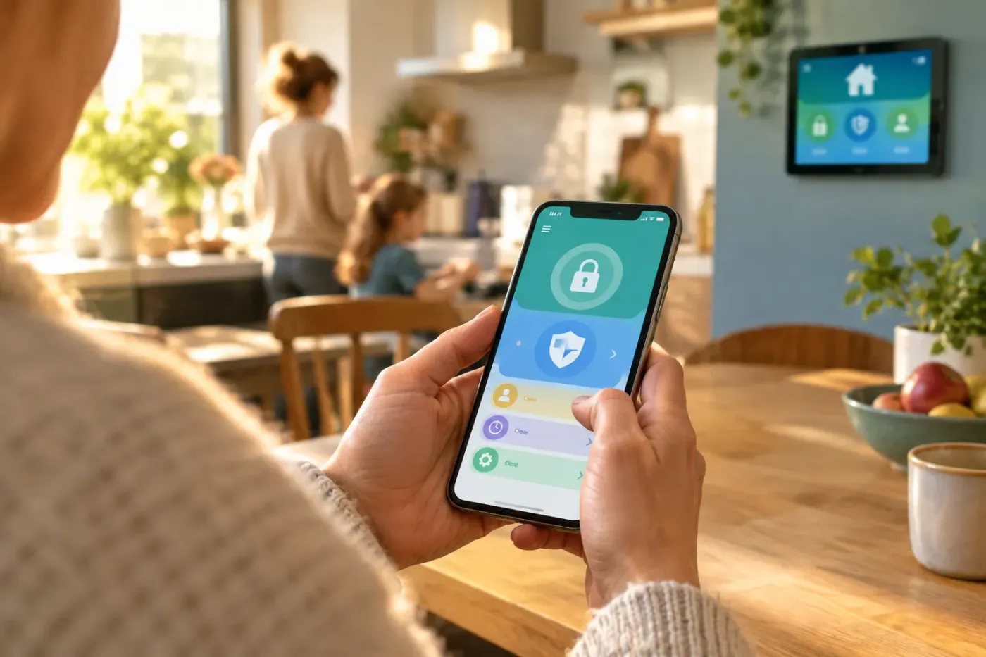 Ouder houdt een smartphone vast in de keuken, met moeder en dochter aan tafel op de achtergrond