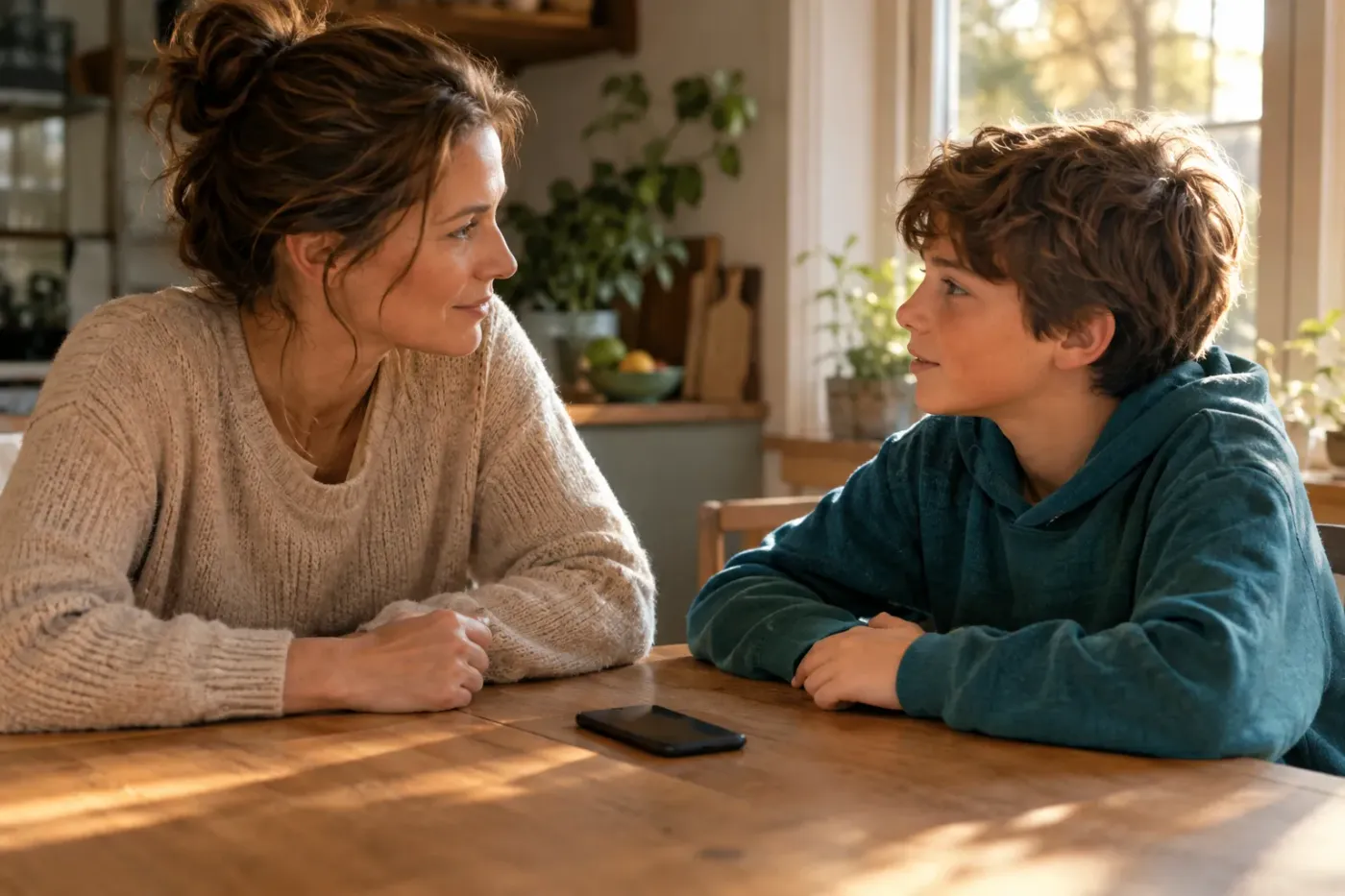 Moeder en zoon in gesprek aan de keukentafel, met een telefoon tussen hen in