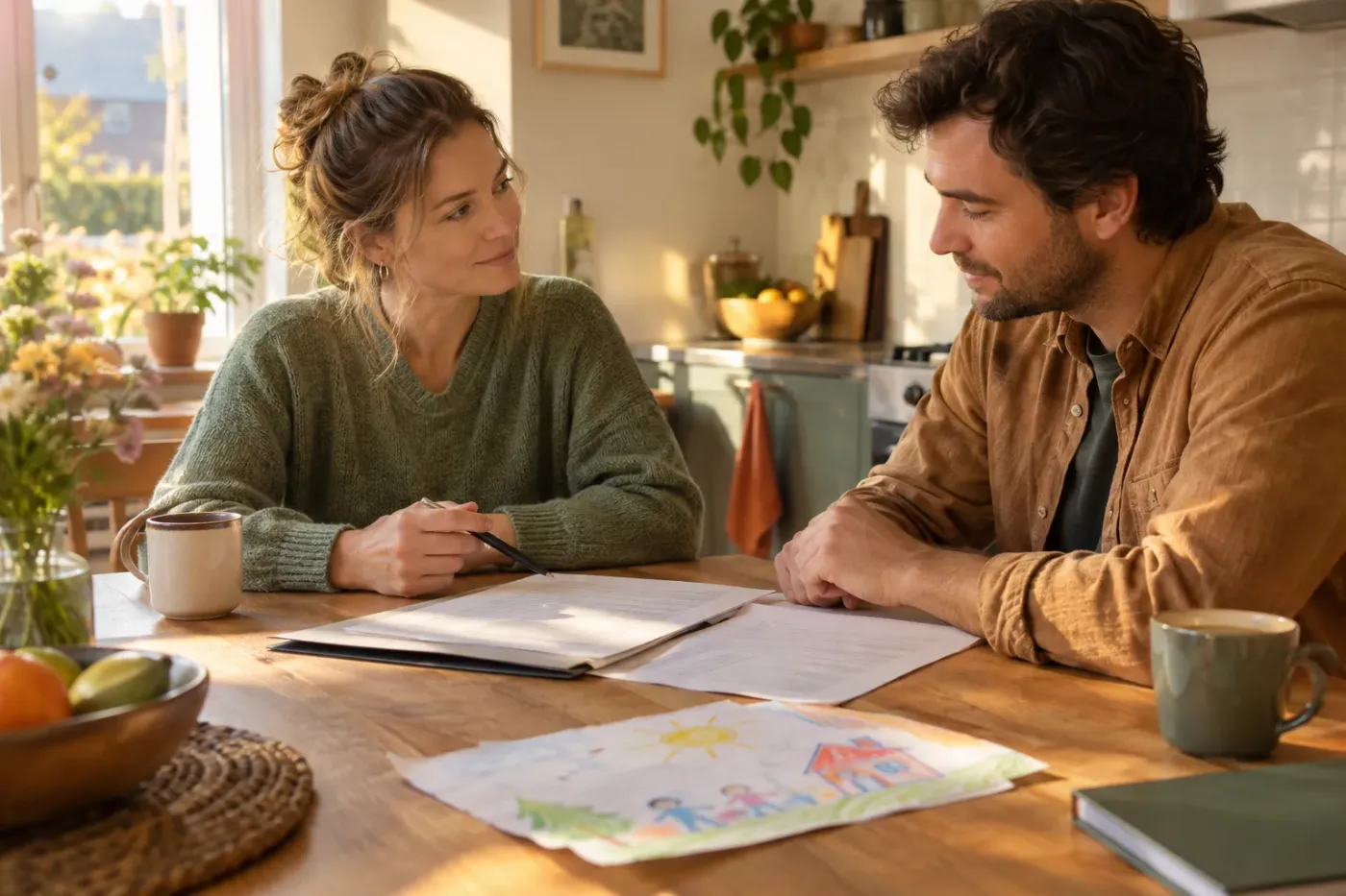 Moeder en vader zitten aan de keukentafel met papieren en een kindertekening voor zich en overleggen rustig