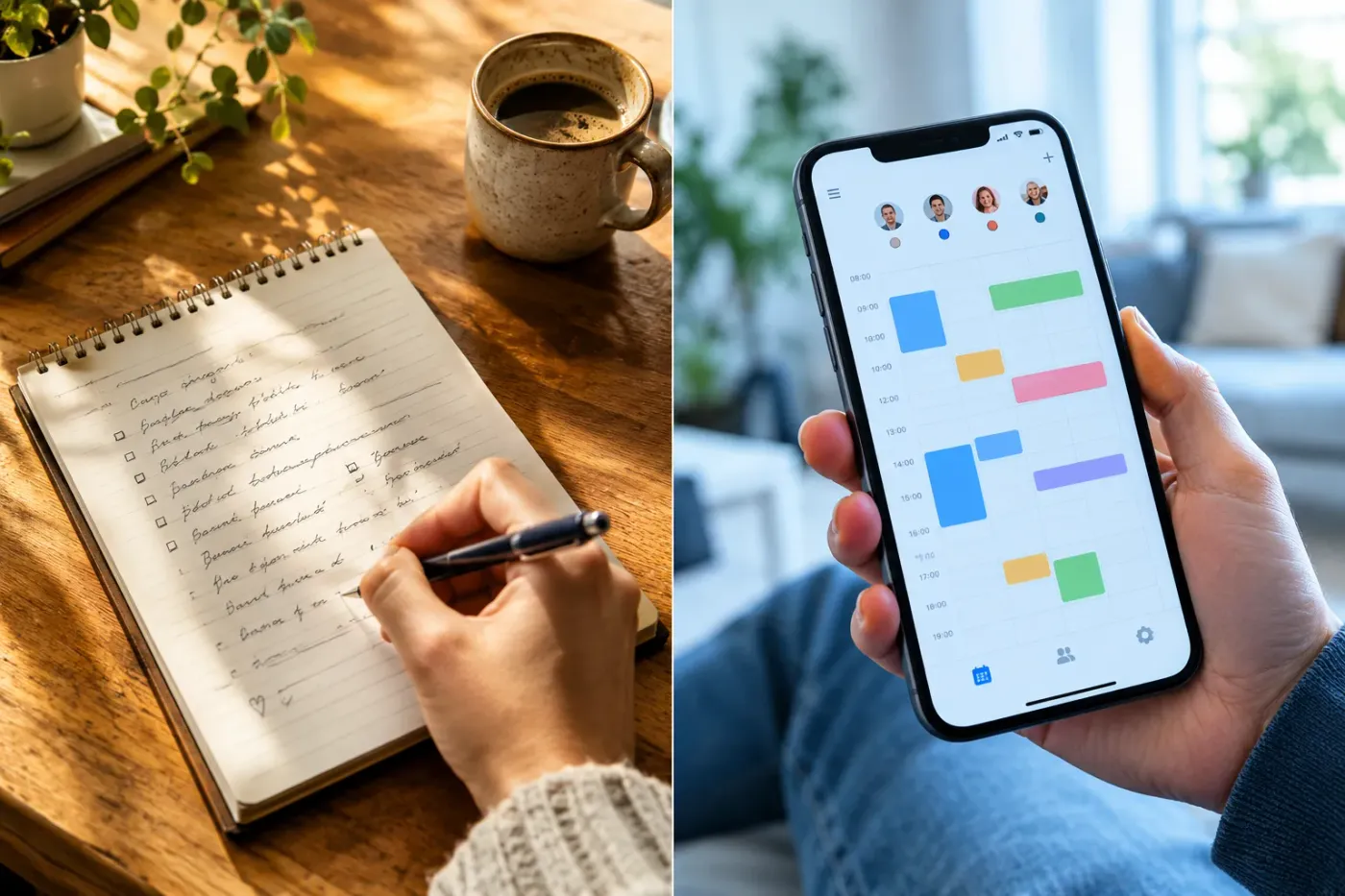 Handgeschreven aantekeningen in een notitieboek naast een kop koffie, en een telefoon met een gedeelde gezinsagenda in de hand van een ouder