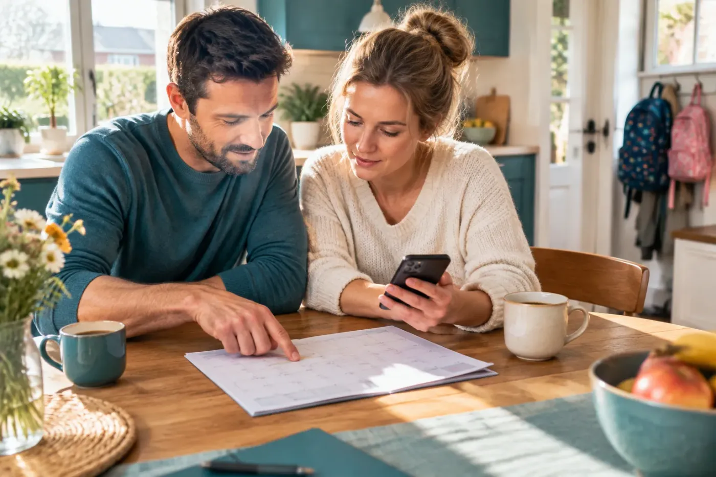 Vader en moeder aan de keukentafel bekijken samen een papieren kalender en een smartphone