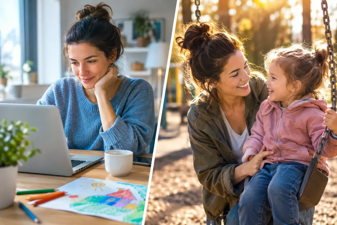 Moeder werkt thuis aan haar laptop met een kindertekening naast zich, en speelt op haar vrije middag met haar dochter op de schommel