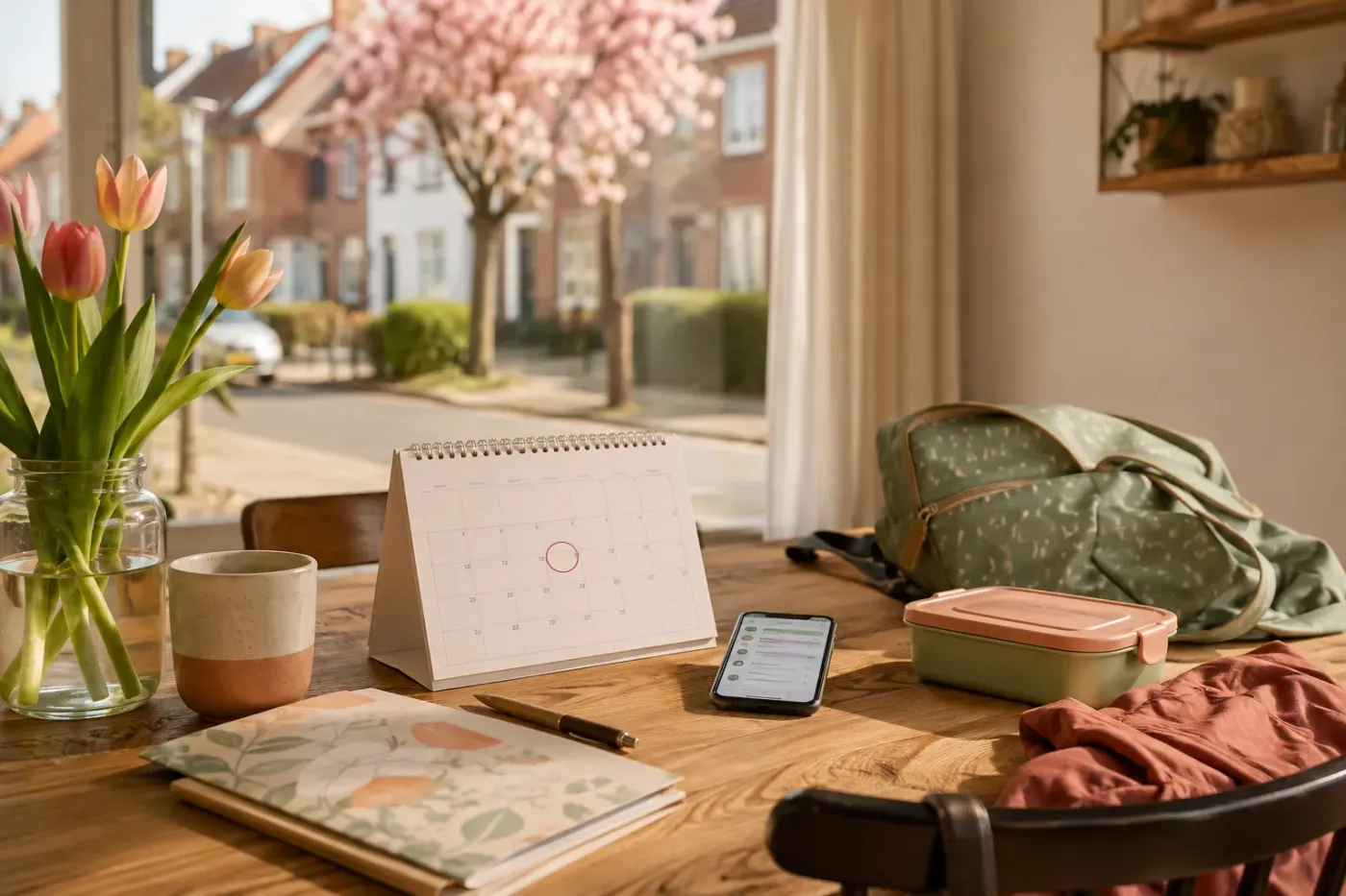 Houten keukentafel bij een groot raam in lentelicht, met tulpen in een glazen pot, een kinderrugzak en een wandkalender