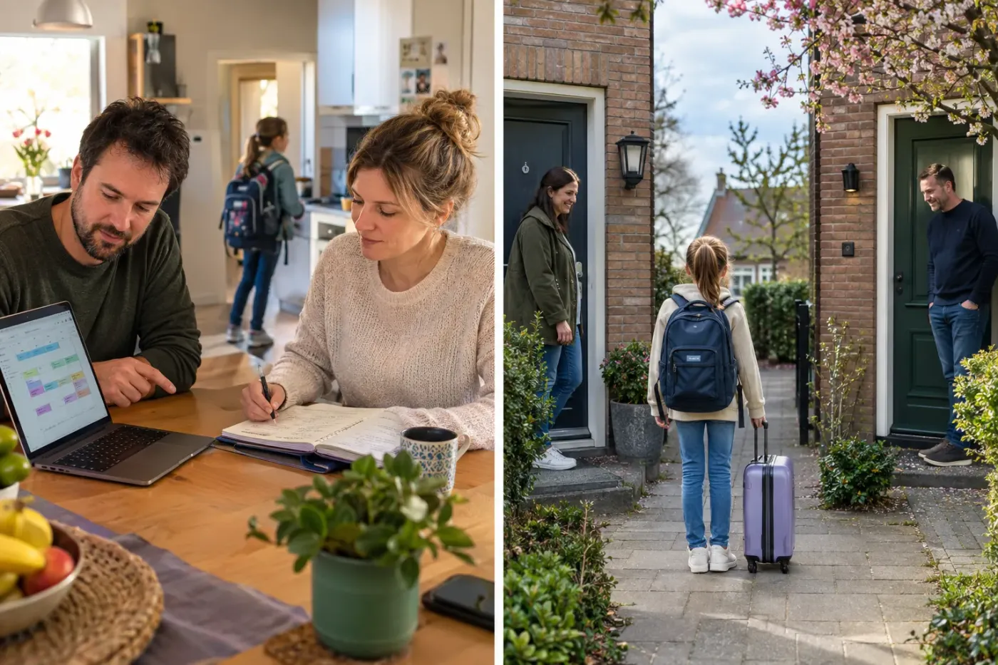 Links plannen twee ouders aan de keukentafel met een laptop en een papieren agenda terwijl hun dochter met haar schooltas in de gang staat, rechts loopt een meisje met een rolkoffer tussen de voordeuren van haar moeder en haar vader