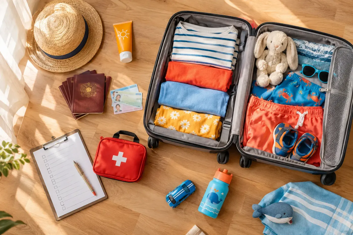 Open koffer op de vloer met kinderkleding, zwemspullen en een knuffel eromheen