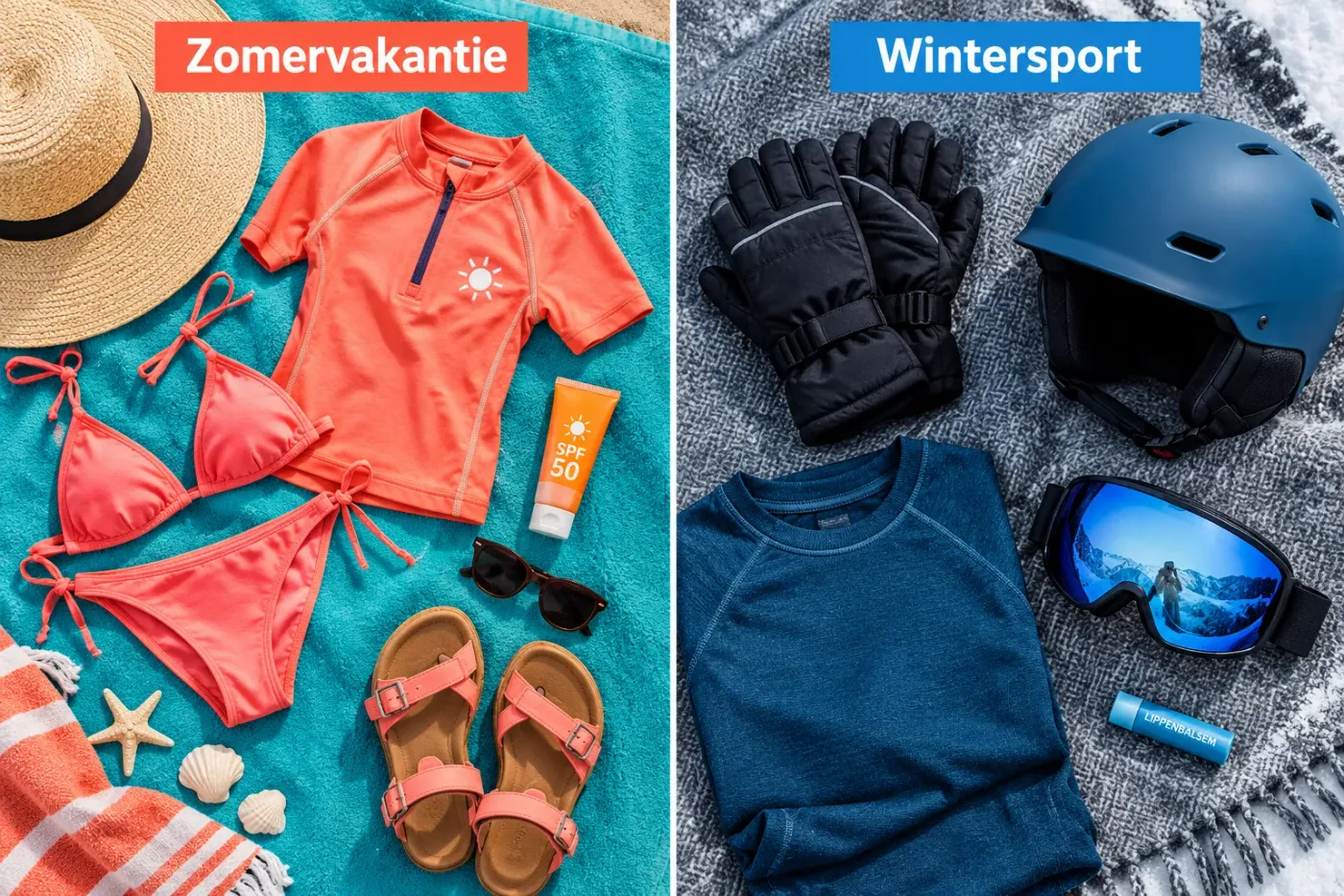 Links de spullen voor een zonvakantie, rechts die voor wintersport: handschoenen, helm, skibril en lippenbalsem