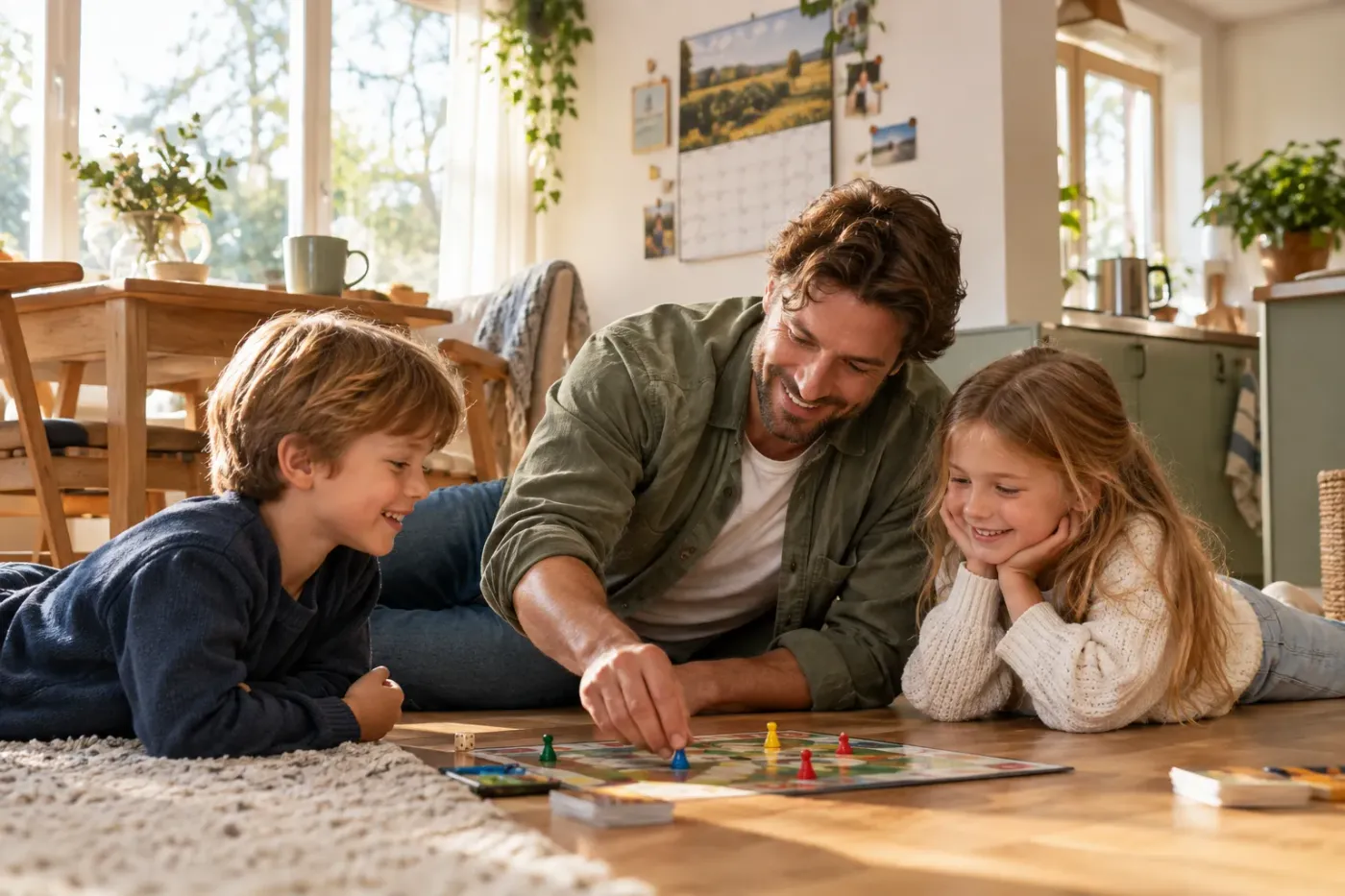 Vader ligt met zijn zoon en dochter op de woonkamervloer een bordspel te spelen in het ochtendlicht