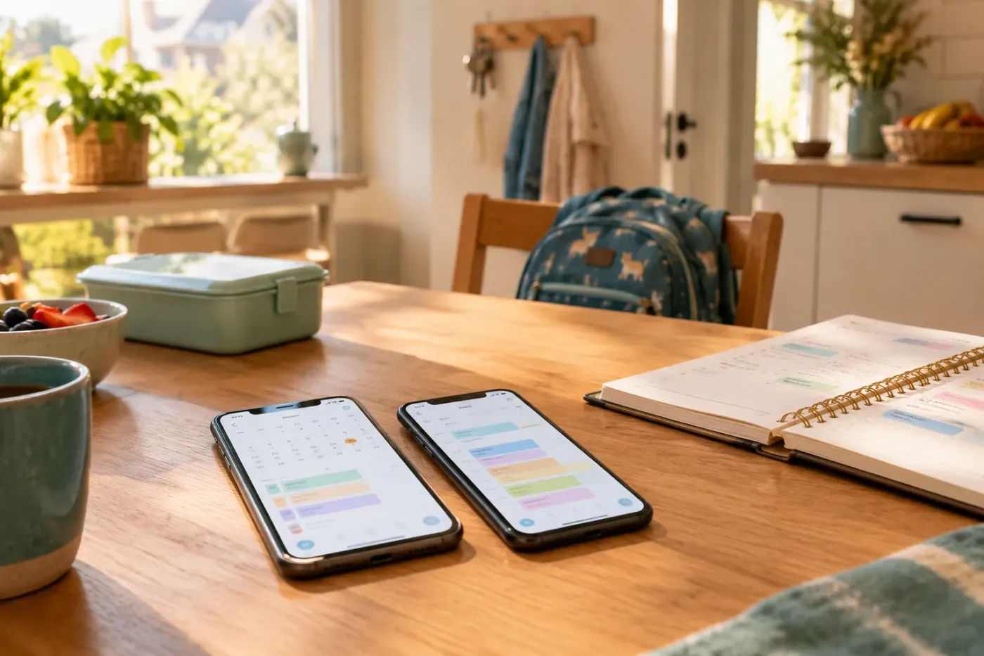 Keukentafel met twee smartphones met agenda's, een open papieren planner en een kinderrugzak in het ochtendlicht