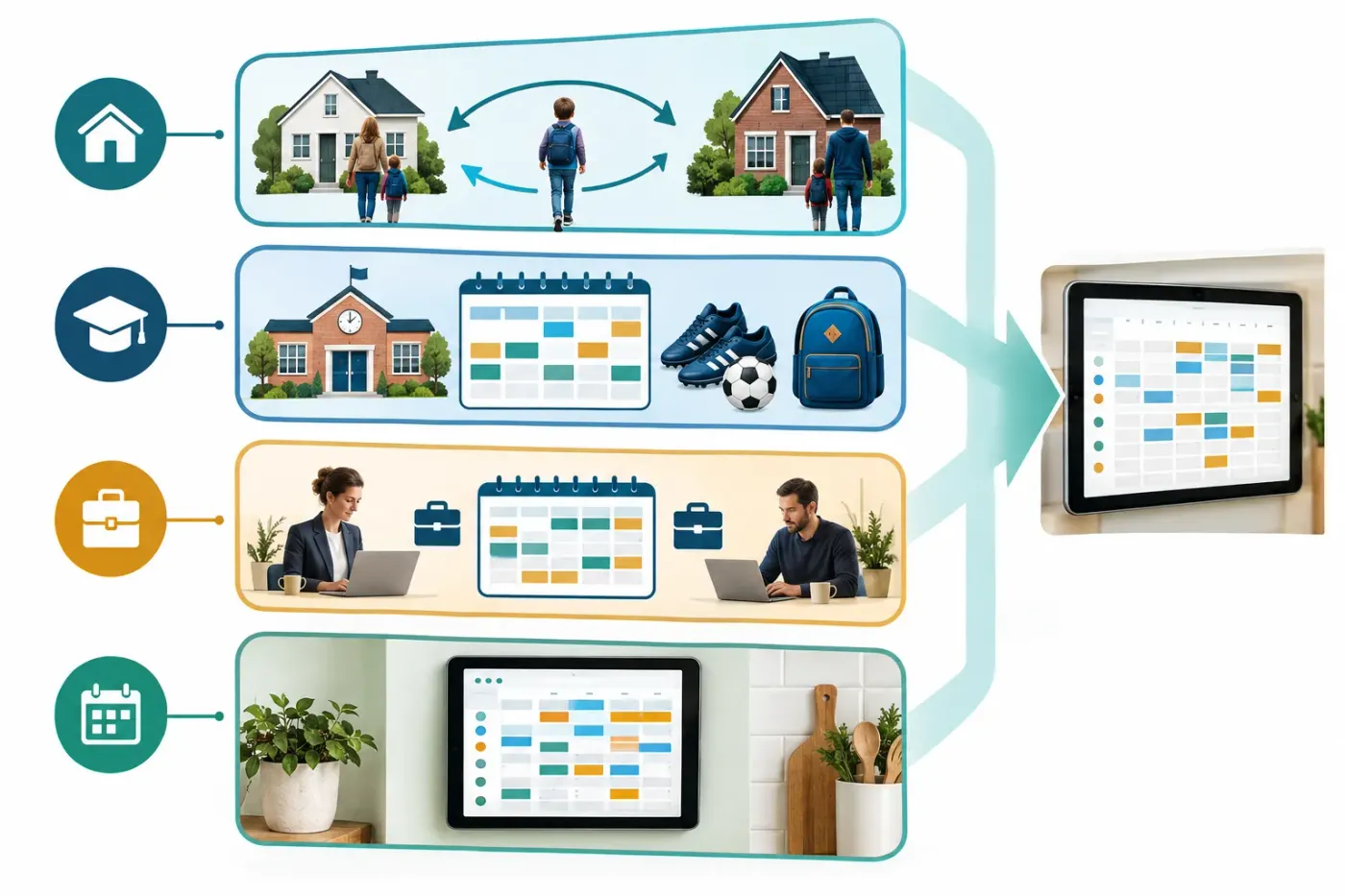 Planning in lagen voor een samengesteld gezin: wisselen tussen twee huizen, school en sport, werk, en alles samen op een tablet aan de muur